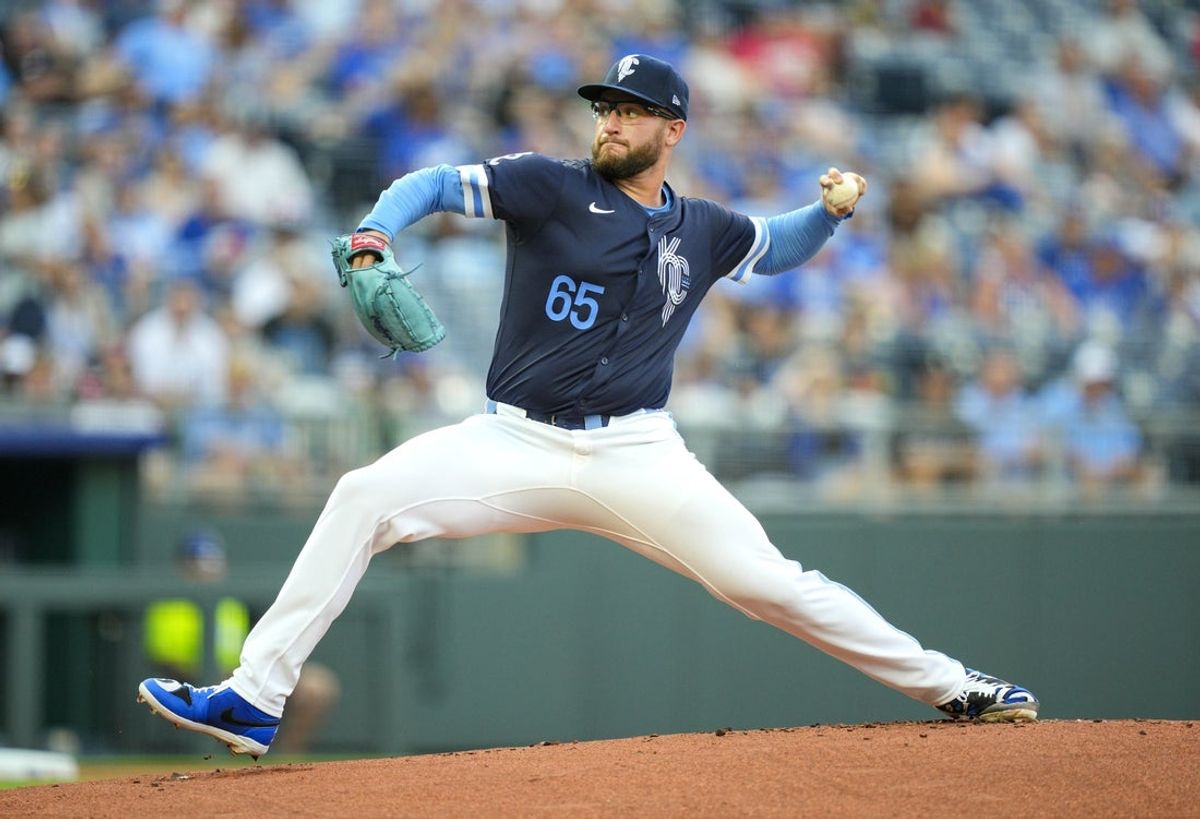 Aug 15, 2025; Kansas City, Missouri, USA; Kansas City Royals starting pitcher Noah Cameron (65) pitches during the first inning against the Chicago White Sox at Kauffman Stadium. Mandatory Credit: Jay Biggerstaff-Imagn Images