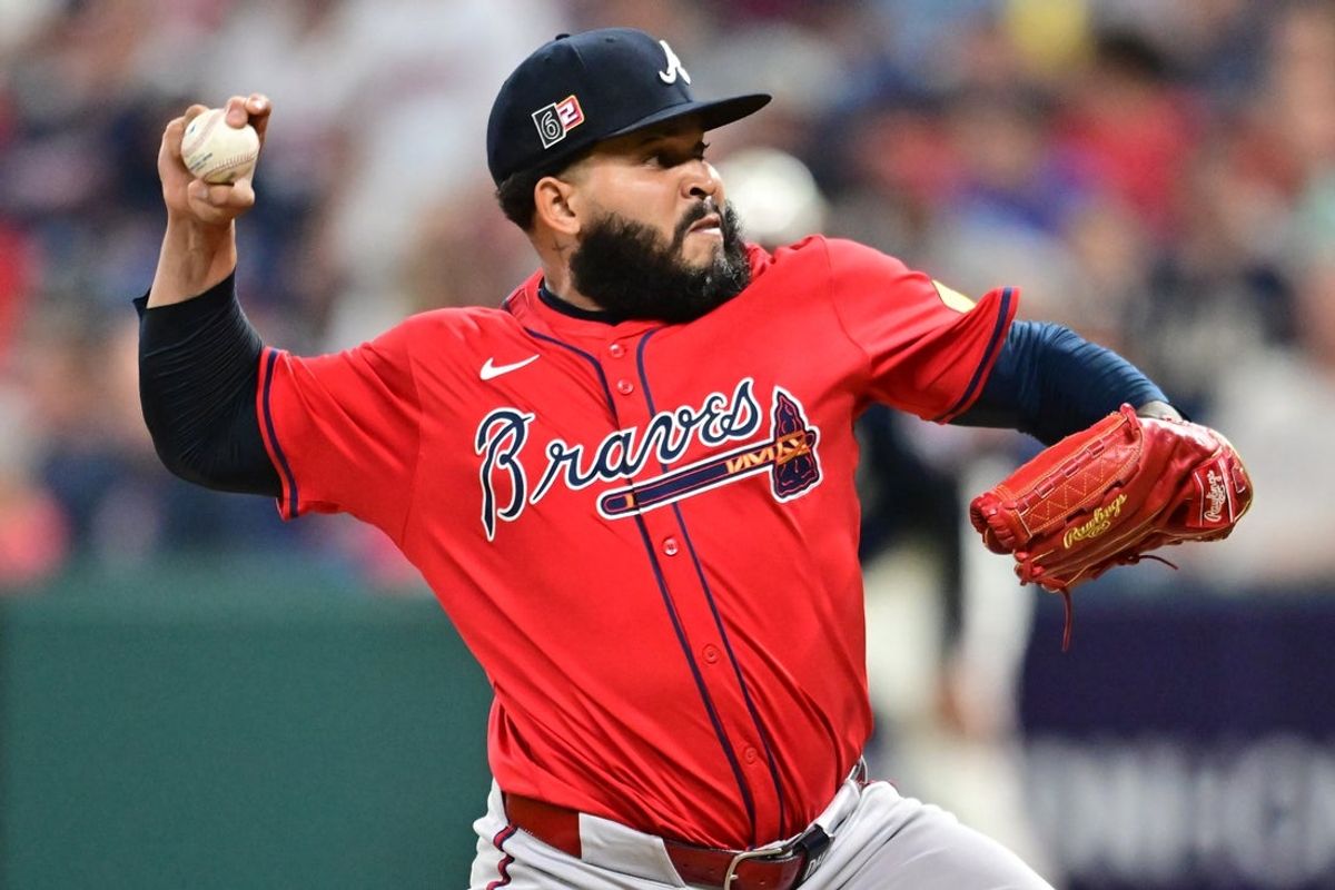 Aug 15, 2025; Cleveland, Ohio, USA; Atlanta Braves relief pitcher Daysbel Hernandez (62) throws a pitch during the seventh inning against the Cleveland Guardians at Progressive Field. Mandatory Credit: Ken Blaze-Imagn Images