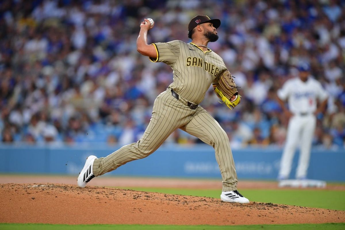 Aug 15, 2025; Los Angeles, California, USA;  San Diego Padres pitcher Randy Vasquez (98) throws against the Los Angeles Dodgers during the second inning at Dodger Stadium. Mandatory Credit: Gary A. Vasquez-Imagn Images