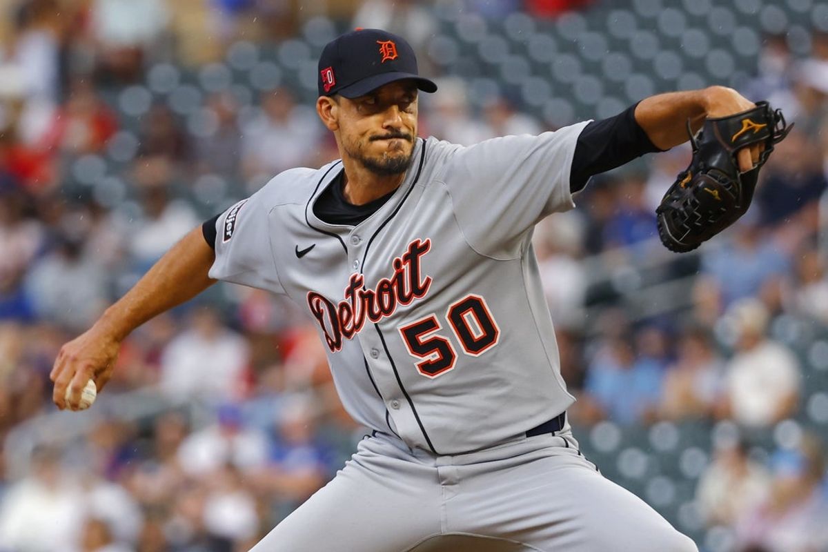 Aug 15, 2025; Minneapolis, Minnesota, USA; Detroit Tigers starting pitcher Charlie Morton (50) throws to the Minnesota Twins in the first inning at Target Field. Mandatory Credit: Bruce Kluckhohn-Imagn Images