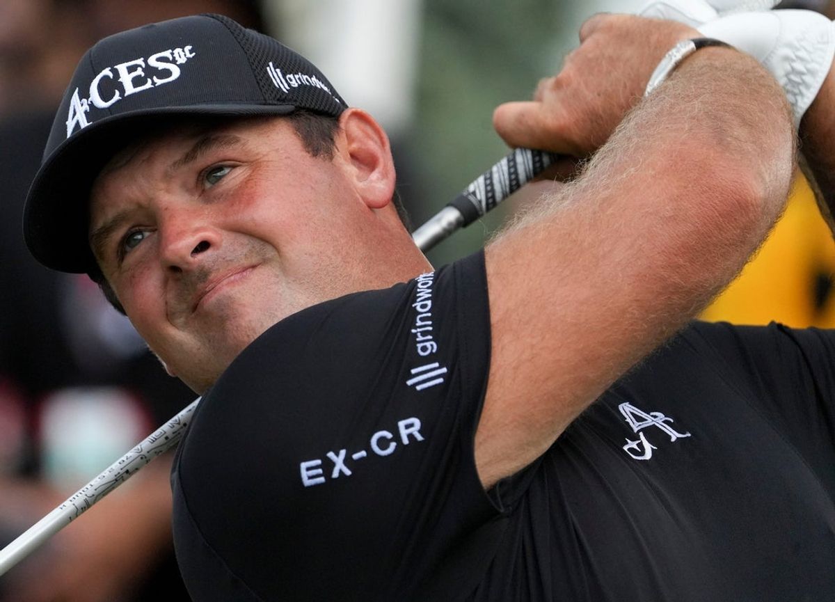 Patrick Reed tees off from the first hole Saturday, Aug. 16, 2025, during day two of LIV Golf Indianapolis at The Club at Chatham Hills in Westfield.