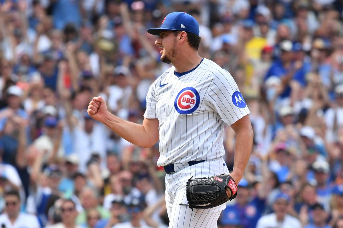 Aug 16, 2025; Chicago, Illinois, USA; Chicago Cubs pitcher Brad Keller (40) celebrates after defeating the Pittsburgh Pirates at Wrigley Field. Mandatory Credit: Patrick Gorski-Imagn Images