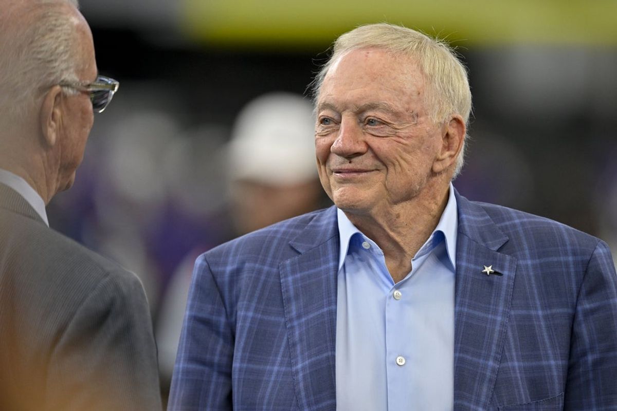 Aug 16, 2025; Arlington, Texas, USA; Dallas Cowboys owner Jerry Jones (left) looks on before the game against the Baltimore Ravens at AT&T Stadium. Mandatory Credit: Jerome Miron-Imagn Images