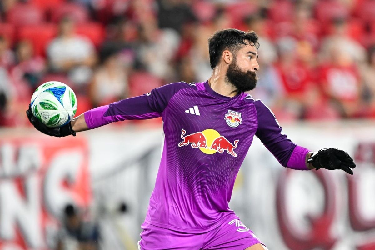 Aug 16, 2025; Harrison, New Jersey, USA; New York Red Bulls goalkeeper Carlos Miguel Coronel (31) throws the ball during the first half against the Philadelphia Union at Sports Illustrated Stadium. Mandatory Credit: Mark Smith-Imagn Images