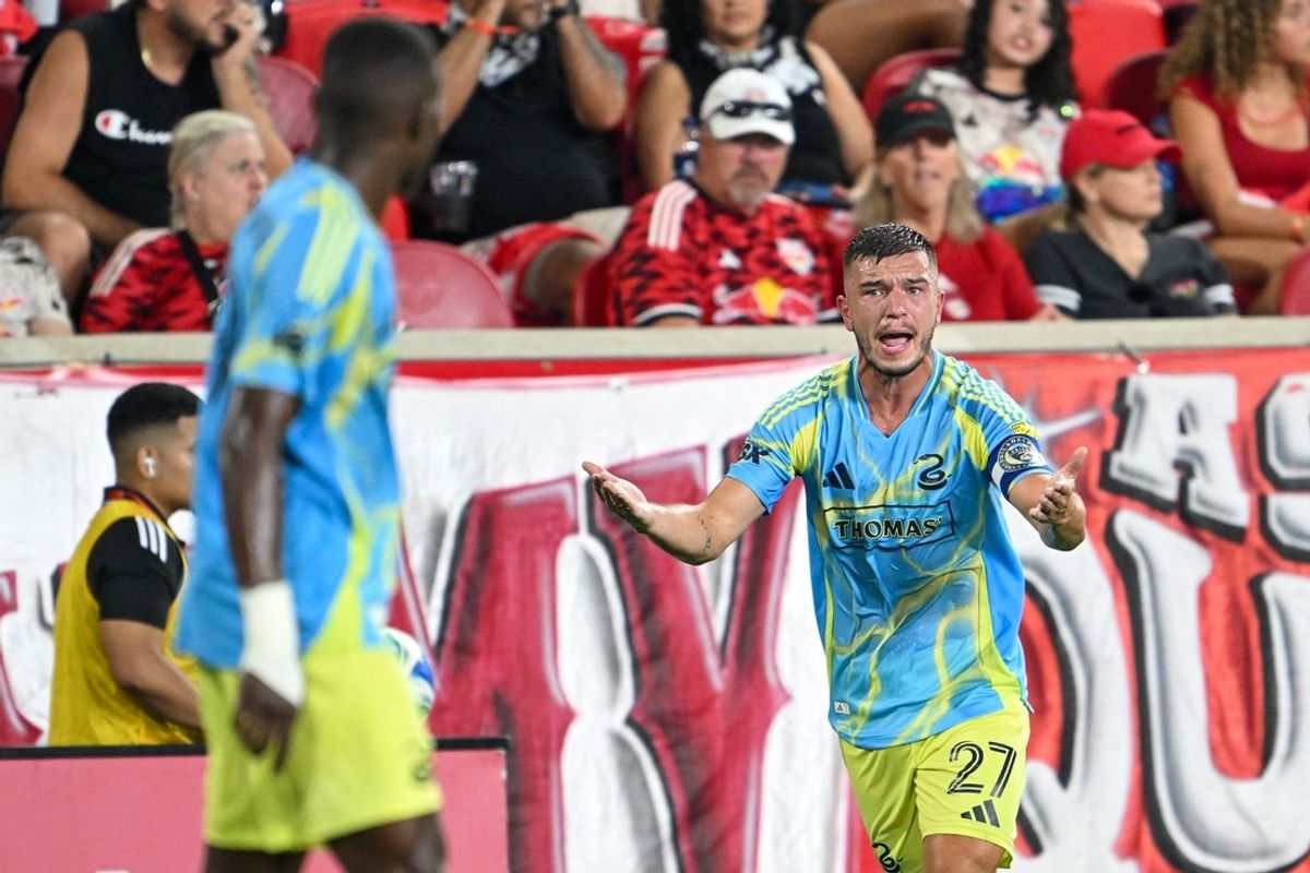 Aug 16, 2025; Harrison, New Jersey, USA; Philadelphia Union defender Kai Wagner (27) reacts to a play during the second half against the New York Red Bulls at Sports Illustrated Stadium. Mandatory Credit: Mark Smith-Imagn Images