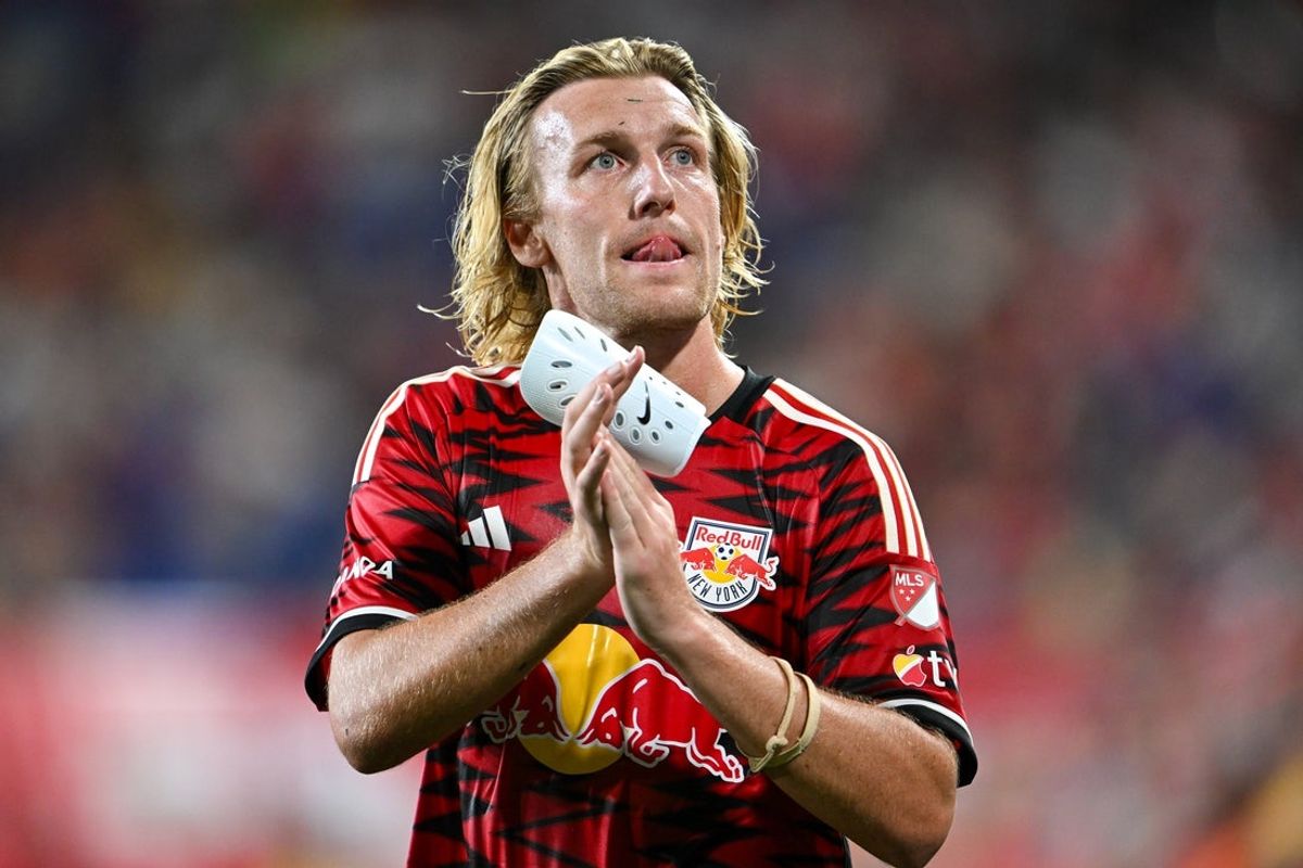 Aug 16, 2025; Harrison, New Jersey, USA; New York Red Bulls midfielder Emil Forsberg (10) celebrates during the second half against the Philadelphia Union at Sports Illustrated Stadium. Mandatory Credit: Mark Smith-Imagn Images