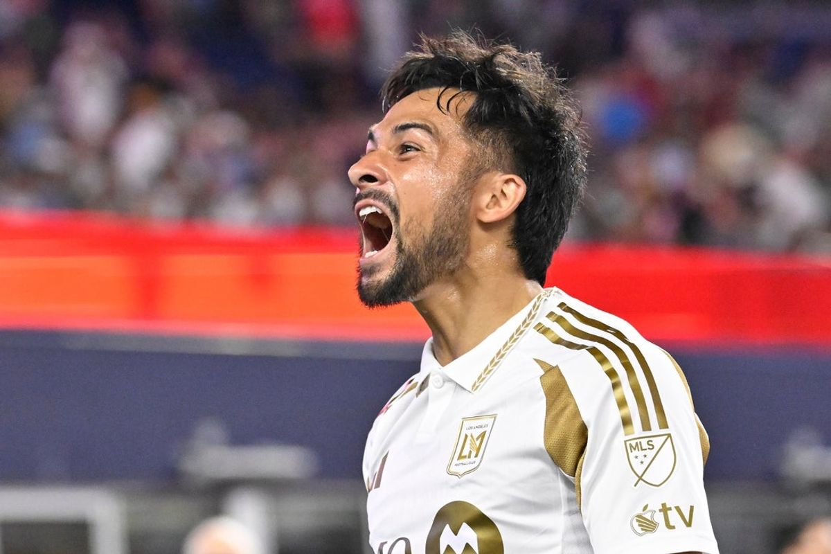 Aug 16, 2025; Foxborough, Massachusetts, USA; Los Angeles FC midfielder Mathieu Choiniere (66) reacts after scoring a goal against the New England Revolution during the second half at Gillette Stadium. Mandatory Credit: Eric Canha-Imagn Images