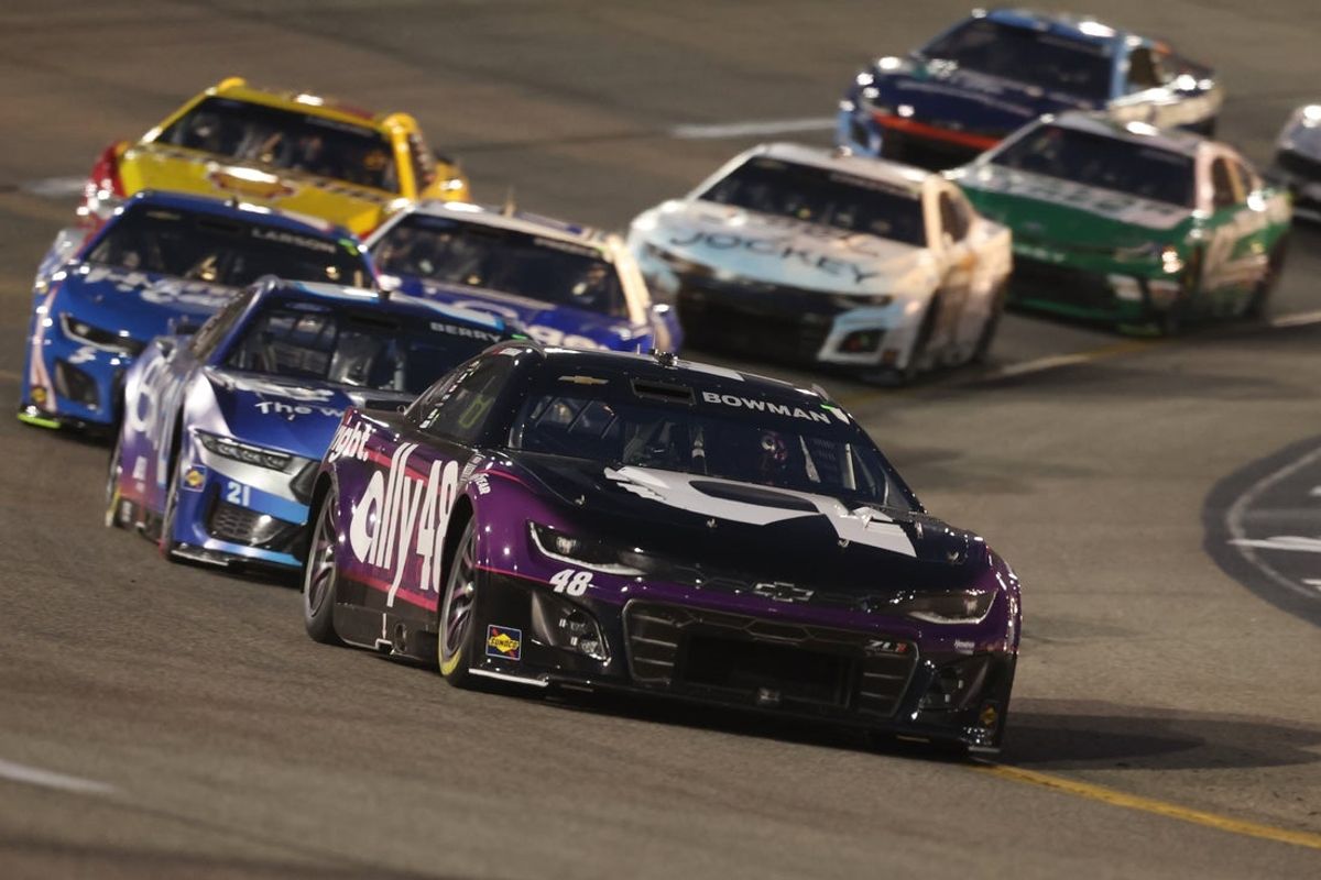 Aug 16, 2025; Richmond, Virginia, USA; NASCAR Cup Series driver Alex Bowman (48) leads a pack of cars during the NASCAR Cup Series Cook Out 400 at Richmond Raceway. Mandatory Credit: Amber Searls-Imagn Images