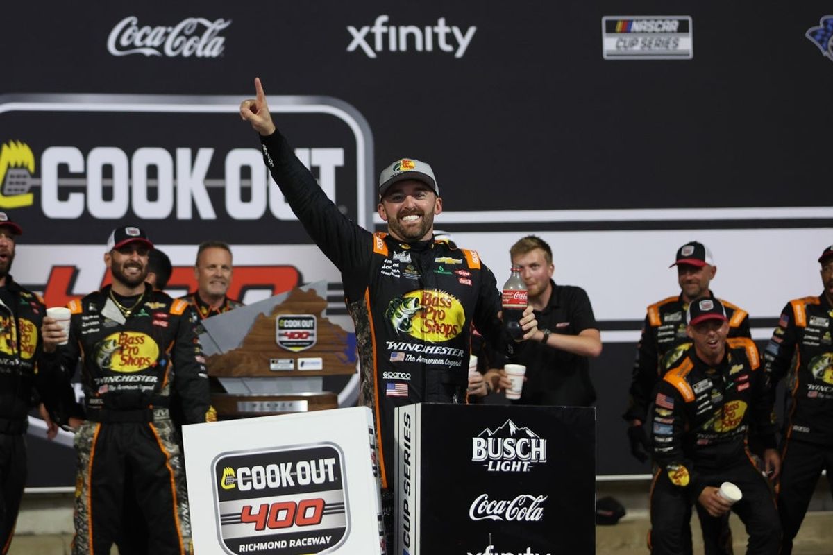 Aug 16, 2025; Richmond, Virginia, USA; NASCAR Cup Series driver Austin Dillon (3) celebrates in victory lane after winning the Cook Out 400 at Richmond Raceway. Mandatory Credit: Amber Searls-Imagn Images