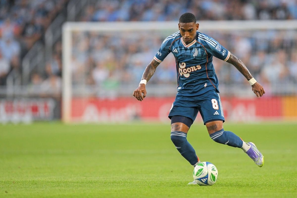 Aug 16, 2025; Saint Paul, Minnesota, USA;  Minnesota United midfielder Joseph Rosales (8) controls the ball against the Seattle Sounders during the first half at Allianz Field. Mandatory Credit: Nick Wosika-Imagn Images