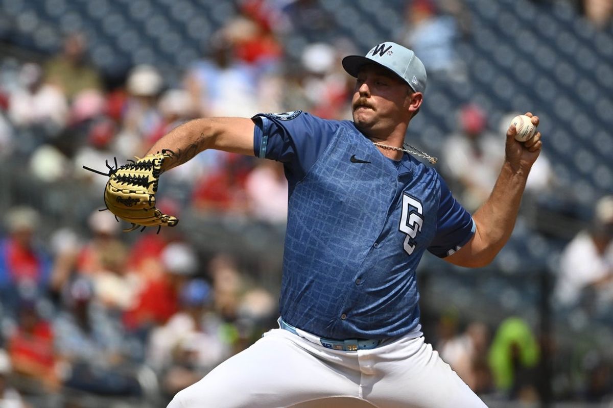 Aug 17, 2025; Washington, District of Columbia, USA; Washington Nationals starting pitcher Mitchell Parker (70) throws to the Philadelphia Phillies during the second inning at Nationals Park. Mandatory Credit: Brad Mills-Imagn Images