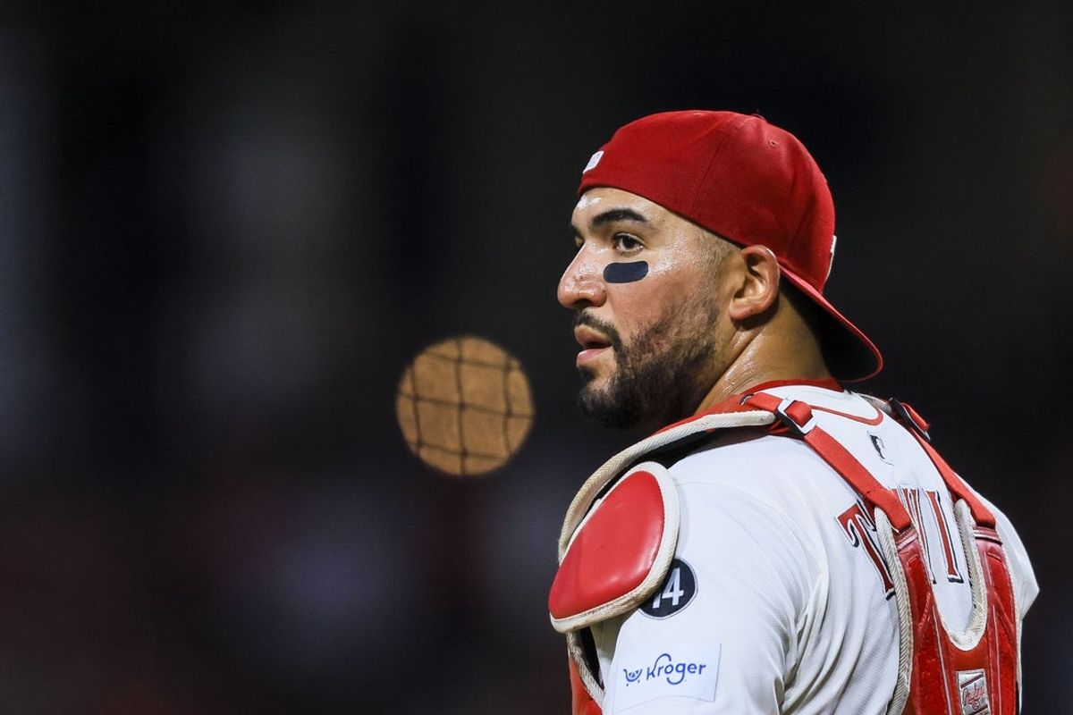 Aug 16, 2025; Cincinnati, Ohio, USA; Cincinnati Reds catcher Jose Trevino (35) stands on the field during a stop in play in the ninth inning against the Milwaukee Brewers at Great American Ball Park. Mandatory Credit: Katie Stratman-Imagn Images