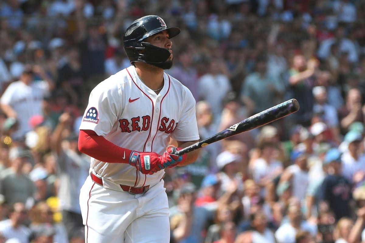 Aug 17, 2025; Boston, Massachusetts, USA;  Boston Red Sox right fielder Wilyer Abreu (52) hits a two run home run during the fourth inning against the Miami Marlins at Fenway Park. Mandatory Credit: Bob DeChiara-Imagn Images