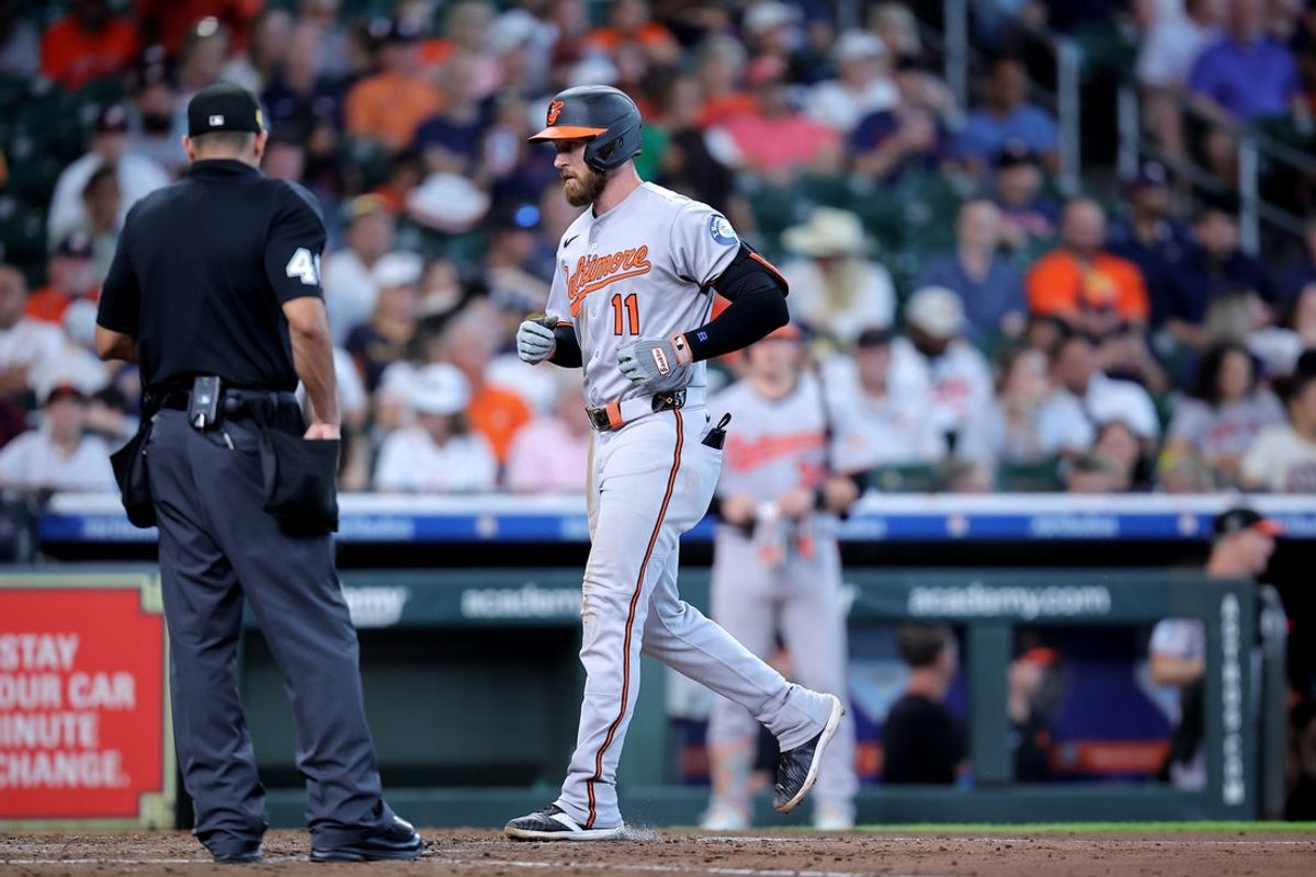 Aug 17, 2025; Houston, Texas, USA; Baltimore Orioles third baseman Jordan Westburg (11) crosses home plate after hitting a three run home run to right field against the Houston Astros during the fifth inning at Daikin Park. Mandatory Credit: Erik Williams-Imagn Images