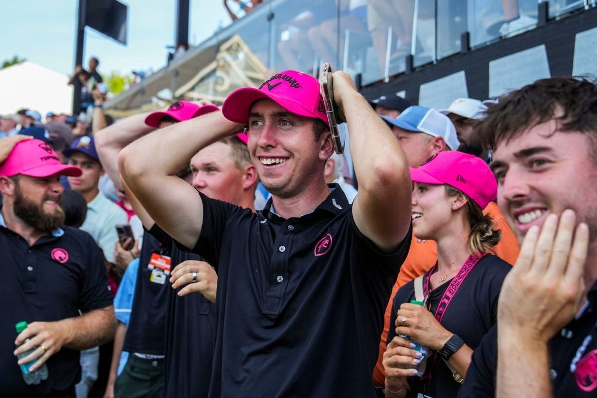 Tom McKibbin reacts while watching Jon Rahm on Sunday, Aug. 17, 2025, during day three of LIV Golf Indianapolis at The Club at Chatham Hills in Westfield.
