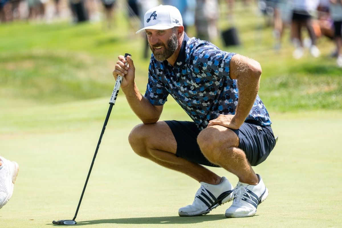 Aug 17, 2025; Indianapolis,IN, United States; Dustin Johnson of 4Aces GC lines up his putt on the 11th hole during the final round of LIV Golf Indianapolis. Mandatory Credit: Marc Lebryk-Imagn Images