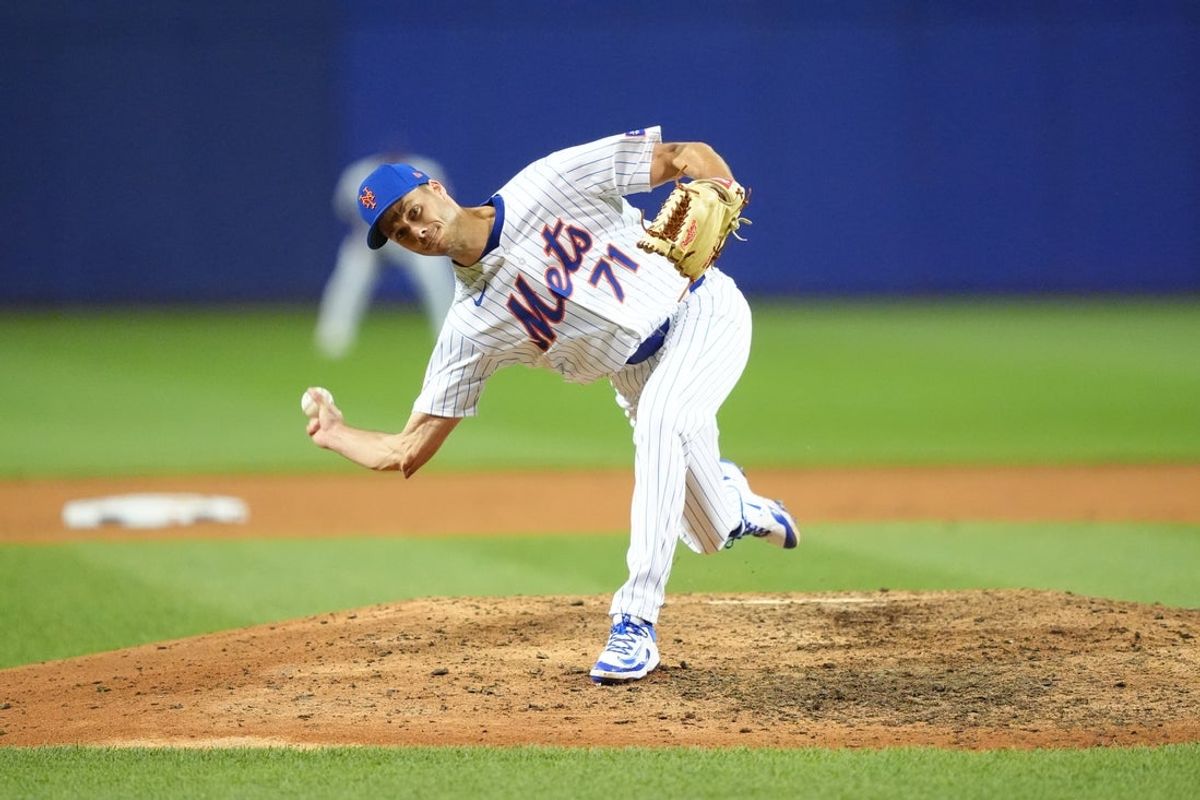 Aug 17, 2025; Williamsport, Pennsylvania, USA; New York Mets relief pitcher Tyler Rogers (71) throws a pitch against the Seattle Mariners in the ninth inning at Journey Bank Ballpark at Historic Bowman Field. Mandatory Credit: Kyle Ross-Imagn Images