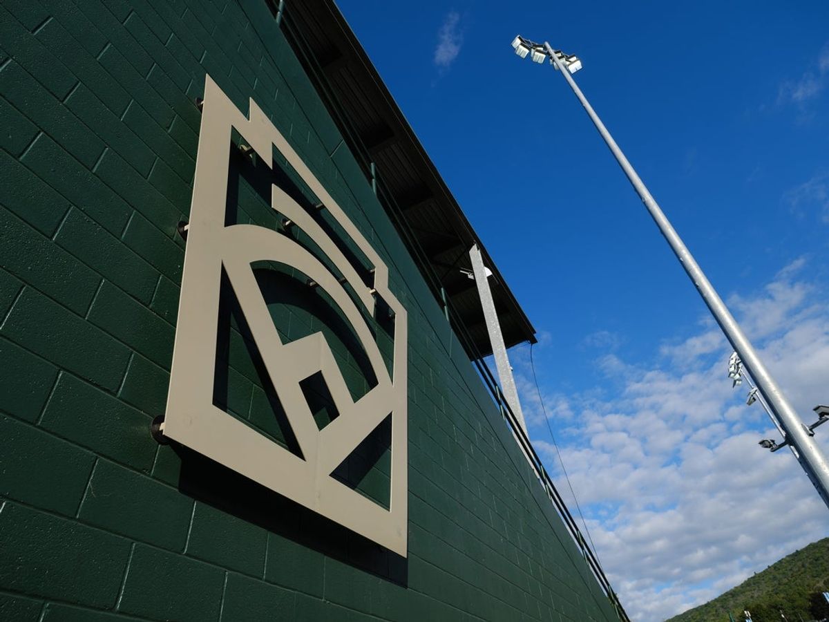 Aug 18, 2025; Williamsport, PA, USA; A general view of the Little League logo outside of the stadium before the game between Metro Region and Midwest Region at Howard J Lamade Stadium. Mandatory Credit: Kyle Ross-Imagn Images