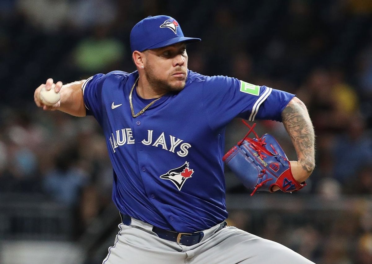Aug 18, 2025; Pittsburgh, Pennsylvania, USA;  Toronto Blue Jays relief pitcher Yariel Rodriguez (29) pitches against the Pittsburgh Pirates during the sixth inning at PNC Park. Mandatory Credit: Charles LeClaire-Imagn Images