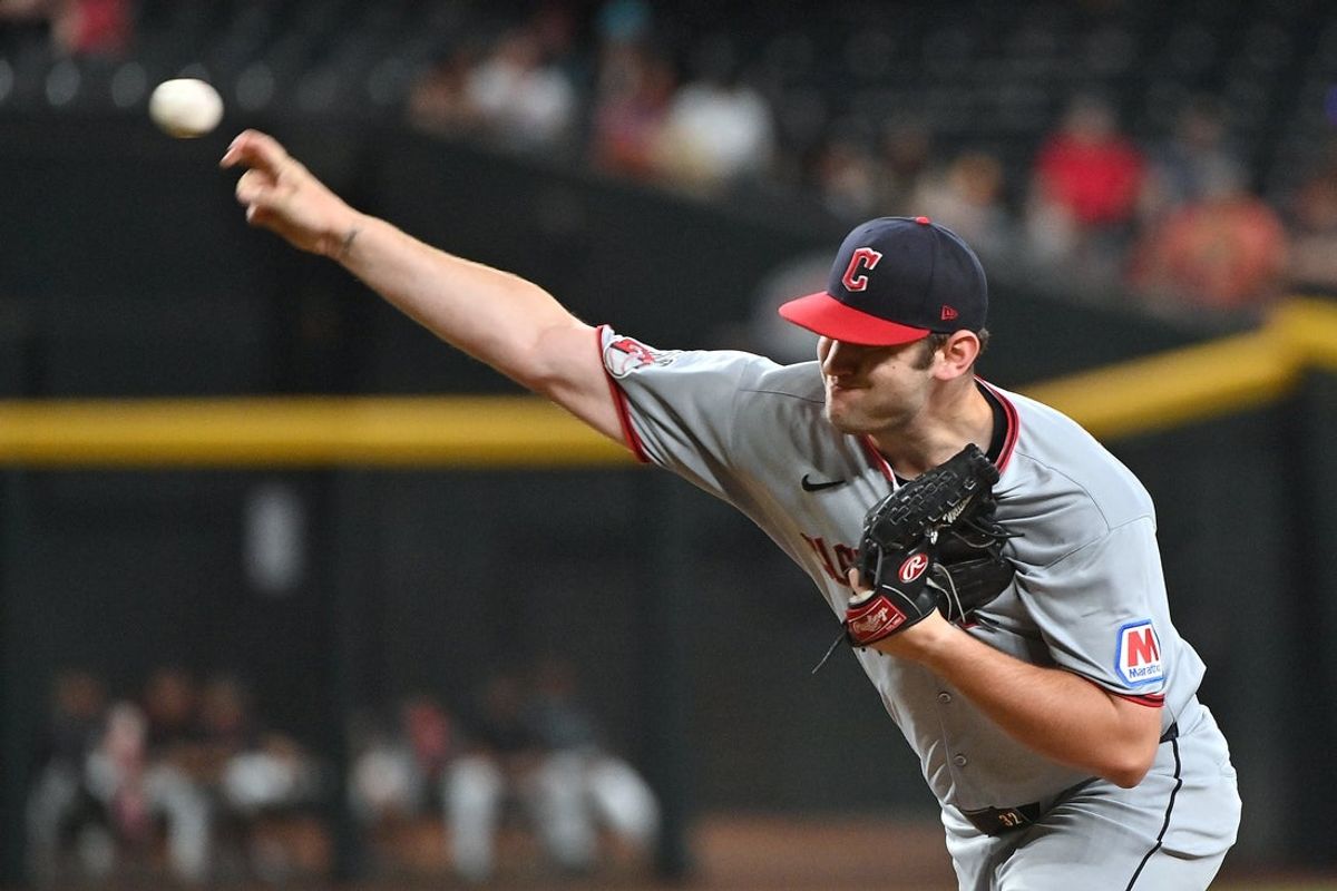 Aug 18, 2025; Phoenix, Arizona, USA; Cleveland Guardians pitcher Gavin Williams (32) throws in the first inning against the Arizona Diamondbacks at Chase Field. Mandatory Credit: Matt Kartozian-Imagn Images