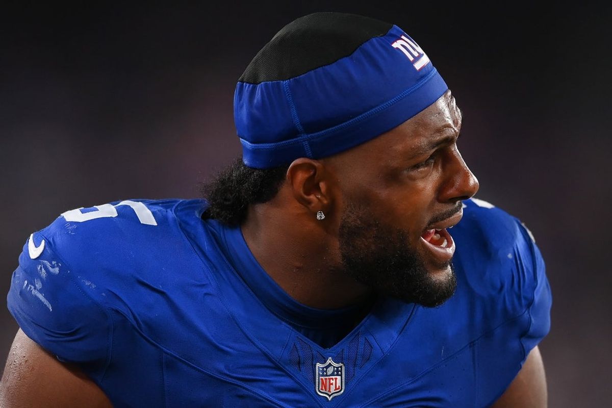 Aug 16, 2025; East Rutherford, New Jersey, USA; New York Giants linebacker Kayvon Thibodeaux (5) reacts to a play from the sidelines against the New York Jets during the first half at MetLife Stadium. Mandatory Credit: Rich Barnes-Imagn Images