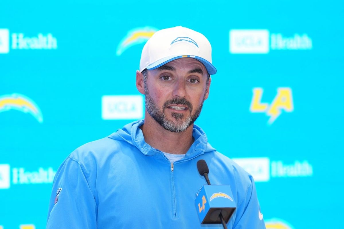Aug 7, 2025; El Segundo, CA, USA; Los Angeles Chargers defensive coordinator Jesse Minter at press conference during training camp at The Bolt. Mandatory Credit: Kirby Lee-Imagn Images