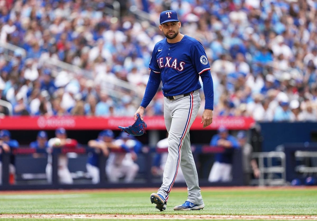 Aug 17, 2025; Toronto, Ontario, CAN; Texas Rangers starting pitcher Nathan Eovaldi (17) walks towards the dugout against the Toronto Blue Jays during the fifth inning at Rogers Centre. Mandatory Credit: Nick Turchiaro-Imagn Imageses