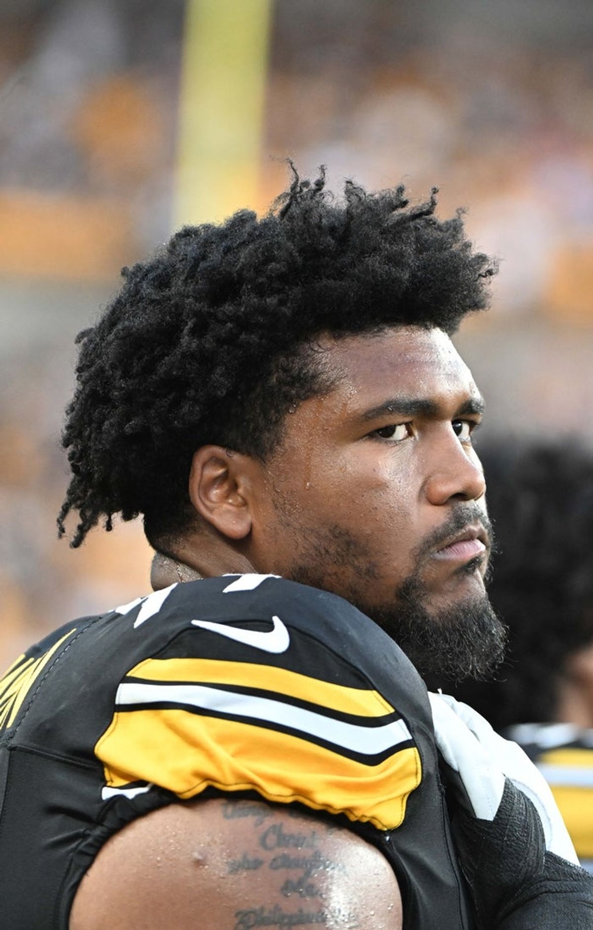 Aug 16, 2025; Pittsburgh, Pennsylvania, USA; Pittsburgh Steelers defensive tackle Derrick Harmon (99) watches the kickoff against the Tampa Bay Buccaneers at Acrisure Stadium. Mandatory Credit: Barry Reeger-Imagn Images