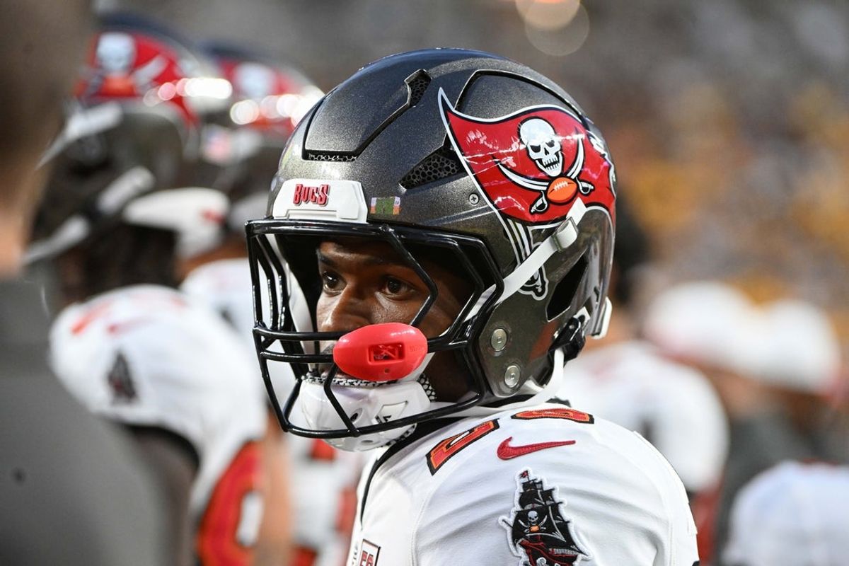 Aug 16, 2025; Pittsburgh, Pennsylvania, USA; Tampa Bay Buccaneers safety Shilo Sanders (28) watches a game against the Pittsburgh Steelers during the third quarter at Acrisure Stadium. Mandatory Credit: Barry Reeger-Imagn Images