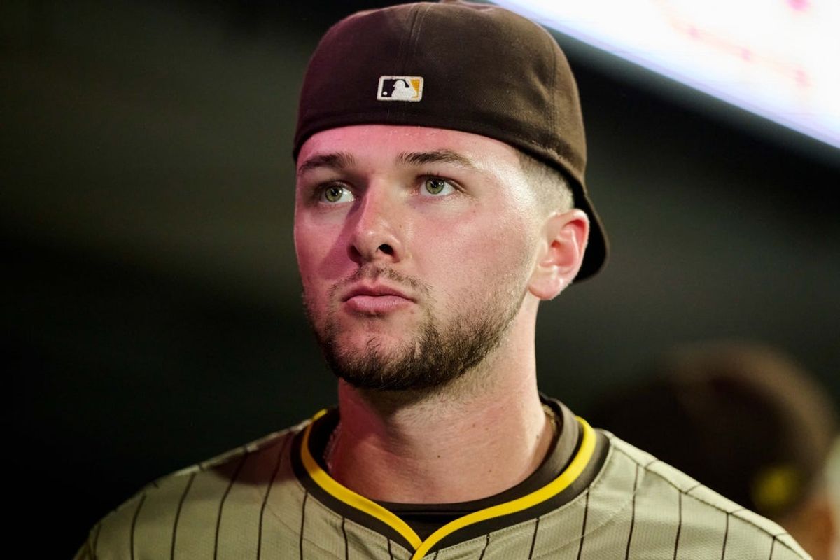 Aug 12, 2025; San Francisco, California, USA; San Diego Padres outfielder Jackson Merrill (3) walks toward the clubhouse after the game against the San Francisco Giants at Oracle Park. Mandatory Credit: Robert Edwards-Imagn Images