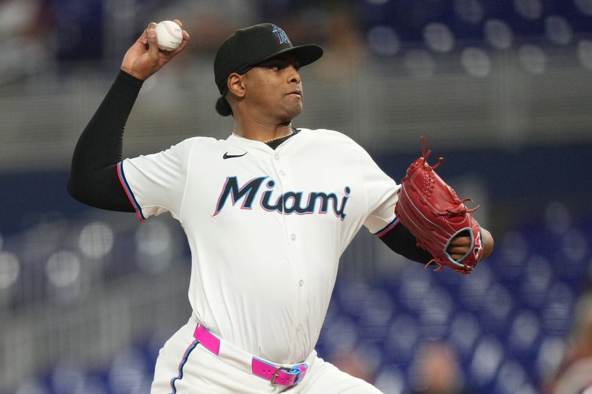 Aug 19, 2025; Miami, Florida, USA;  Miami Marlins pitcher Edward Cabrera (27) pitches in the first inning against the St. Louis Cardinals at loanDepot Park. Mandatory Credit: Jim Rassol-Imagn Images