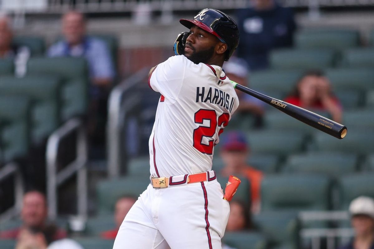 Aug 19, 2025; Atlanta, Georgia, USA; Atlanta Braves center fielder Michael Harris II (23) hits a two-run home run against the Chicago White Sox in the first inning at Truist Park. Mandatory Credit: Brett Davis-Imagn Images