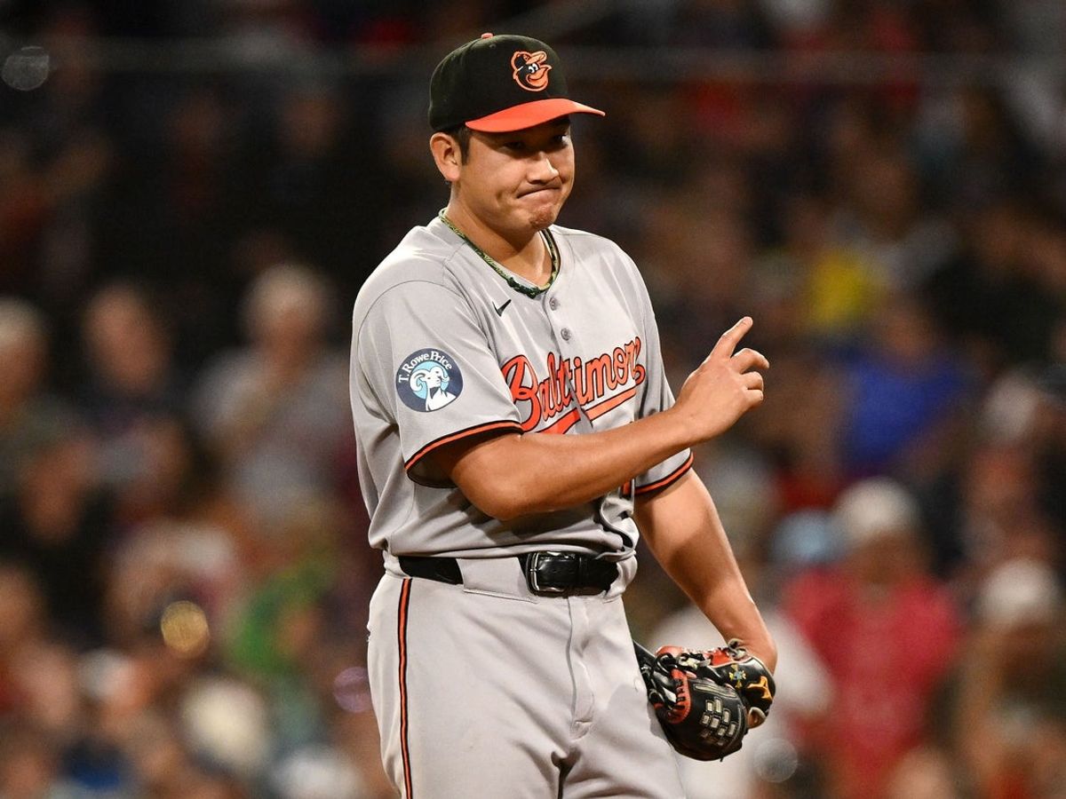 Aug 19, 2025; Boston, Massachusetts, USA; Baltimore Orioles starting pitcher Tomoyuki Sugano (19) reacts after being called for a balk resulting in run scored by the Boston Red Sox during the third inning at Fenway Park. Mandatory Credit: Brian Fluharty-Imagn Images