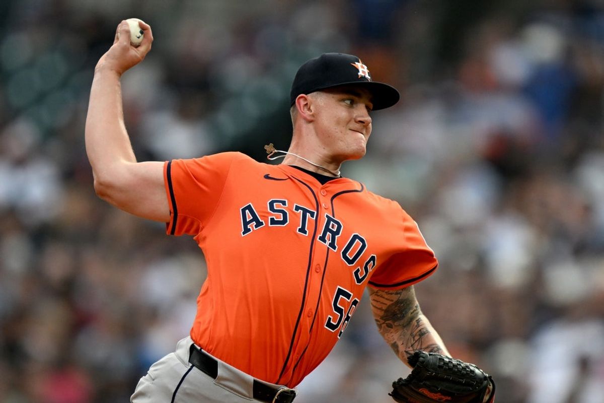 Aug 19, 2025; Detroit, Michigan, USA;  Houston Astros starting pitcher Hunter Brown (58) throws a pitch against the Detroit Tigers in the first inning at Comerica Park. Mandatory Credit: Lon Horwedel-Imagn Images