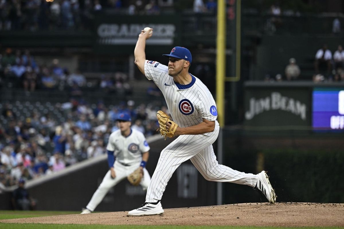 Aug 19, 2025; Chicago, Illinois, USA;  Chicago Cubs pitcher Jameson Taillon (50) delivers during the first inning against the Milwaukee Brewers at Wrigley Field. Mandatory Credit: Matt Marton-Imagn Images