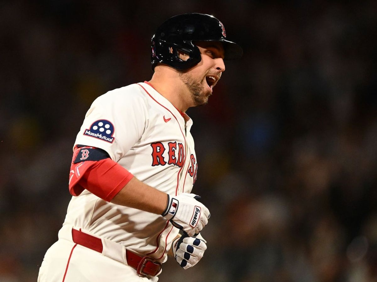 Aug 19, 2025; Boston, Massachusetts, USA; Boston Red Sox first baseman Nathaniel Lowe (37) reacts after hitting a two-run home run against the Baltimore Orioles during the ninth inning at Fenway Park. Mandatory Credit: Brian Fluharty-Imagn Images