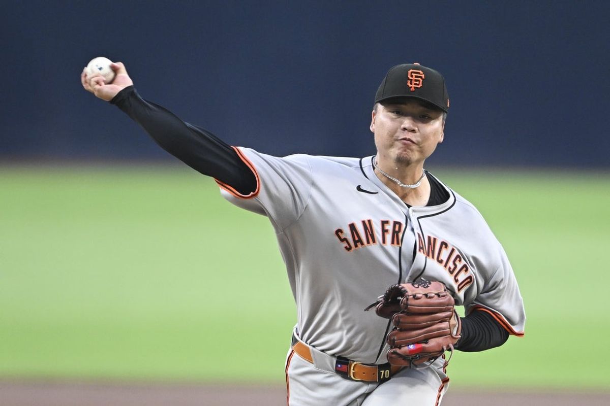 Aug 19, 2025; San Diego, California, USA; San Francisco Giants starting pitcher Kai-Wei Teng (66) delivers during the first inning against the San Diego Padres at Petco Park. Mandatory Credit: Denis Poroy-Imagn Images