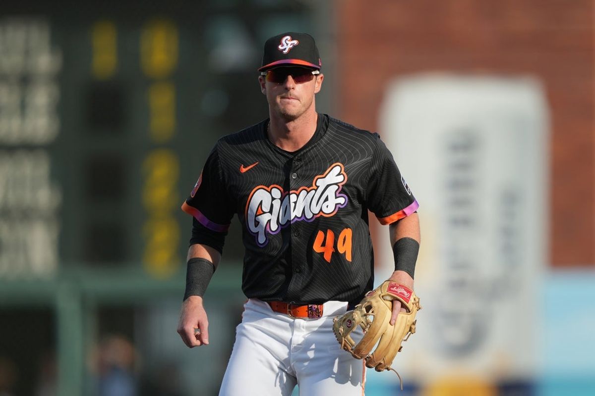 Aug 16, 2025; San Francisco, California, USA; San Francisco Giants second baseman Tyler Fitzgerald (49) during the first inning against the Tampa Bay Rays at Oracle Park. Mandatory Credit: Darren Yamashita-Imagn Images