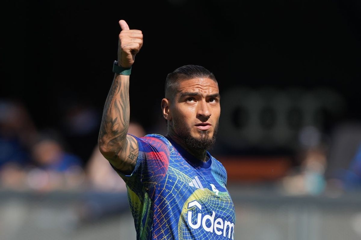 Aug 17, 2025; San Jose, California, USA; San Jose Earthquakes forward Cristian Arango (9) before the game against San Diego FC at PayPal Park. Mandatory Credit: Darren Yamashita-Imagn Images