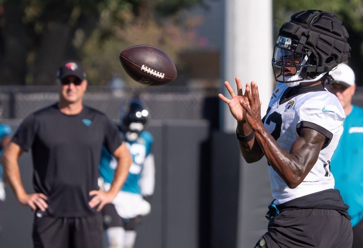Jacksonville Jaguars wide receiver Travis Hunter (12) hauls in a pass during the Jacksonville Jaguars’ 18th and final training camp practice at Miller Electric Center in Jacksonville, Fla. Wednesday August 20, 2025. [Doug Engle/Florida Times-Union]