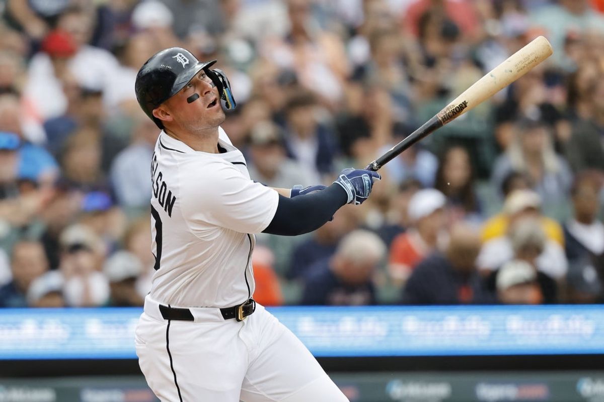 Aug 20, 2025; Detroit, Michigan, USA;  Detroit Tigers first base Spencer Torkelson (20) hits an RBI double in the first inning against the Houston Astros at Comerica Park. Mandatory Credit: Rick Osentoski-Imagn Images