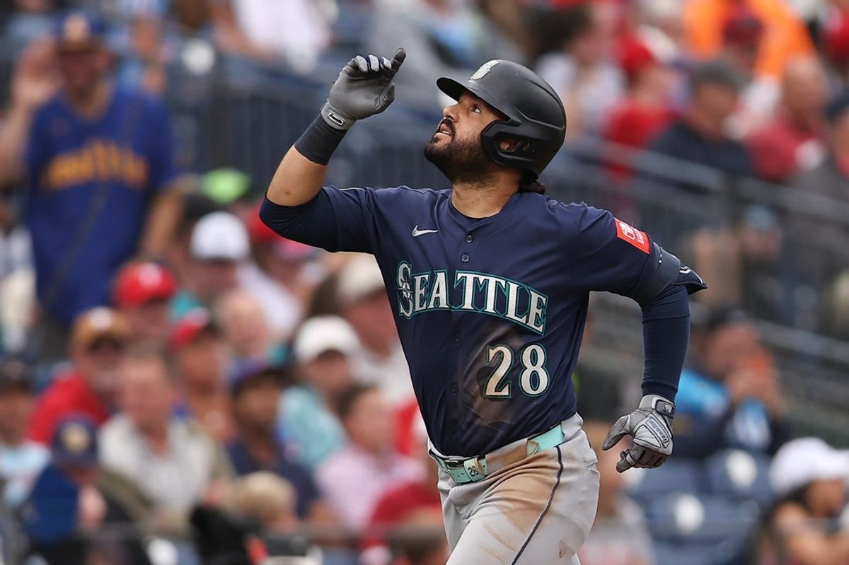 Aug 20, 2025; Philadelphia, Pennsylvania, USA; Seattle Mariners third base Eugenio Suárez (28) reacts as he runs the bases after hitting a home run during the seventh inning against the Philadelphia Phillies at Citizens Bank Park. Mandatory Credit: Bill Streicher-Imagn Images