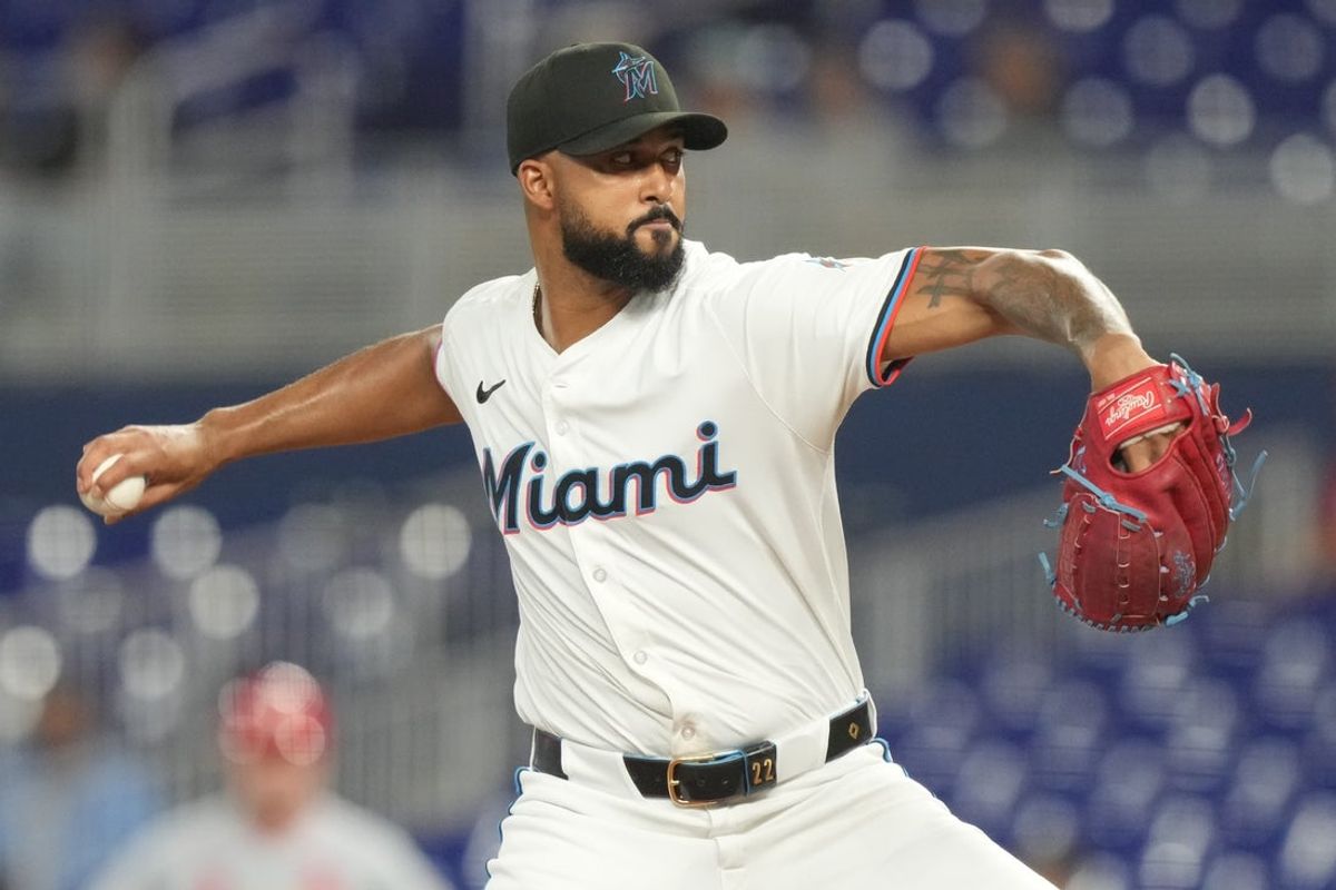 Aug 20, 2025; Miami, Florida, USA;  Miami Marlins pitcher Sandy Alcantara (22) pitches against the St. Louis Cardinals in the first inning at loanDepot Park. Mandatory Credit: Jim Rassol-Imagn Images