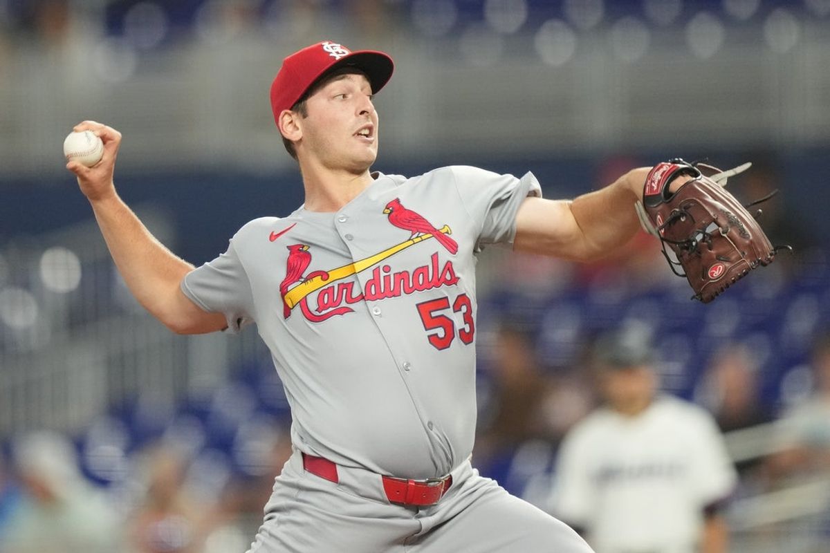Aug 20, 2025; Miami, Florida, USA;  St. Louis Cardinals pitcher Andre Pallante (53) pitches against the Miami Marlins in the first inning at loanDepot Park. Mandatory Credit: Jim Rassol-Imagn Images
