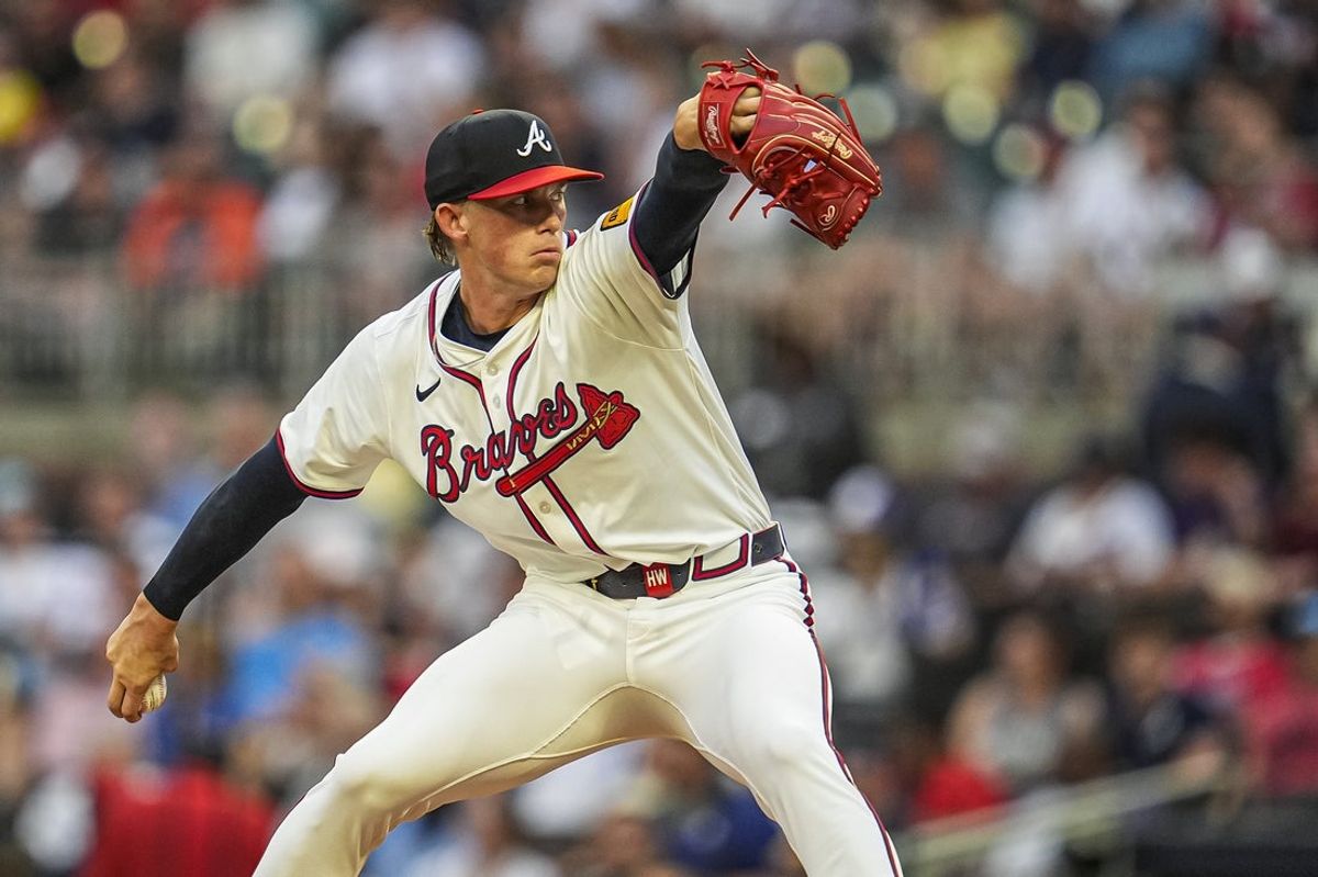 Aug 20, 2025; Cumberland, Georgia, USA; Atlanta Braves starting pitcher Hurston Waldrep (64) pitches against the Chicago White Sox during the second inning at Truist Park. Mandatory Credit: Dale Zanine-Imagn Images
