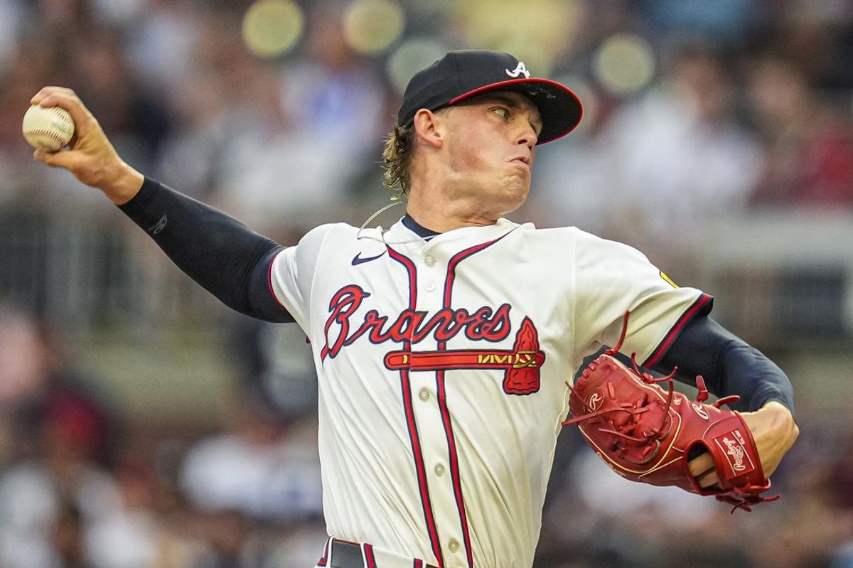 Aug 20, 2025; Cumberland, Georgia, USA; Atlanta Braves starting pitcher Hurston Waldrep (64) pitches against the Chicago White Sox during the second inning at Truist Park. Mandatory Credit: Dale Zanine-Imagn Images