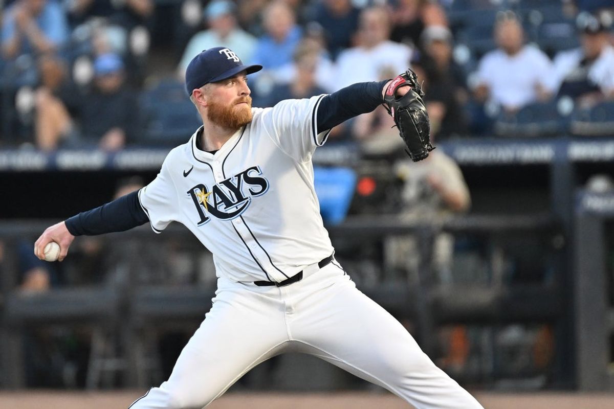 Aug 20, 2025; St. Petersburg, Florida, USA; Tampa Bay Rays starting pitcher Drew Rasmussen (57) throws a pitch in the first inning against the New York Yankees  at George M. Steinbrenner Field. Mandatory Credit: Jonathan Dyer-Imagn Images