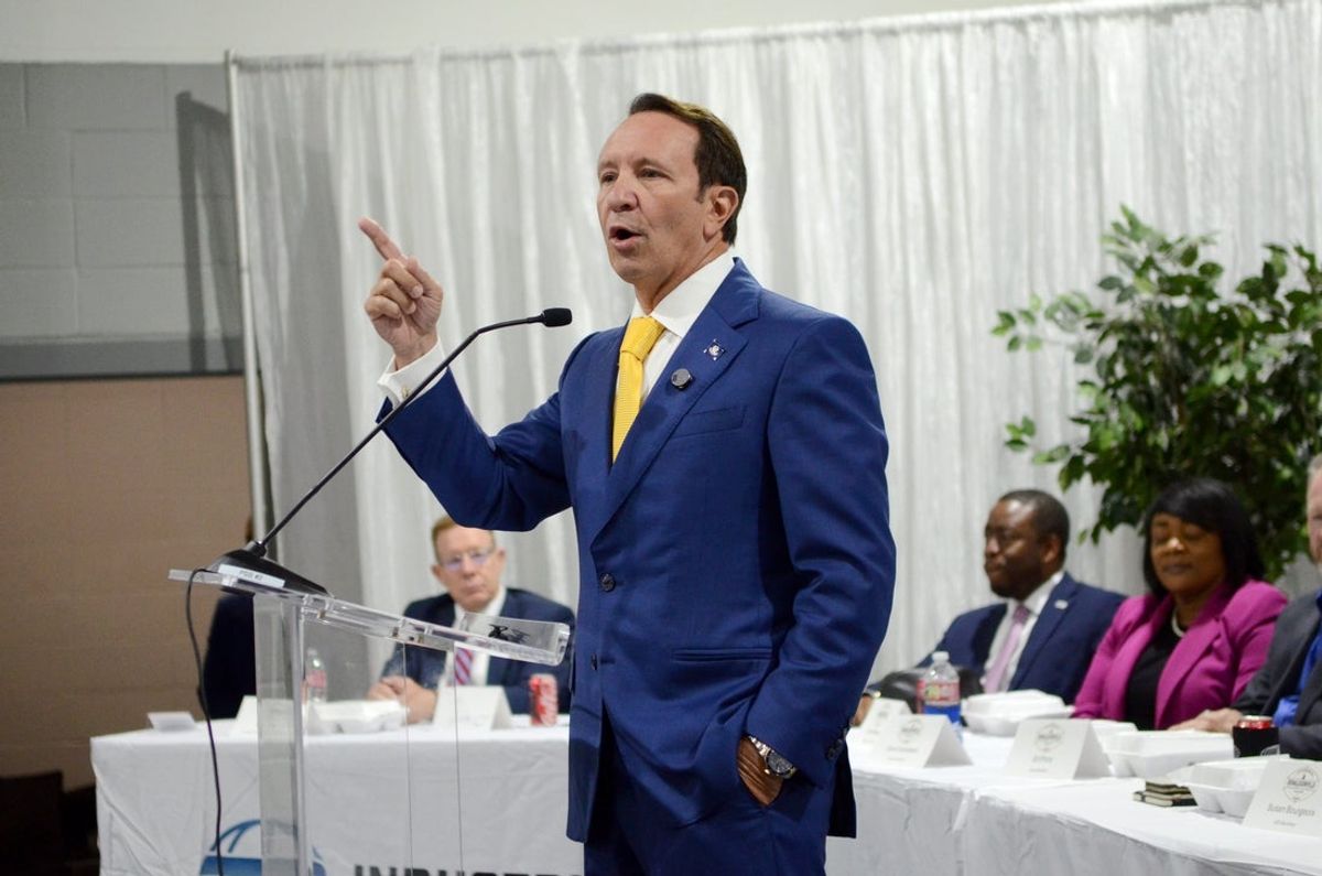 Louisiana Gov. Jeff Landry speaks during the Aug. 20 Donaldsonville Area Chamber of Commerce and Baton Rouge Industrial Group luncheon.