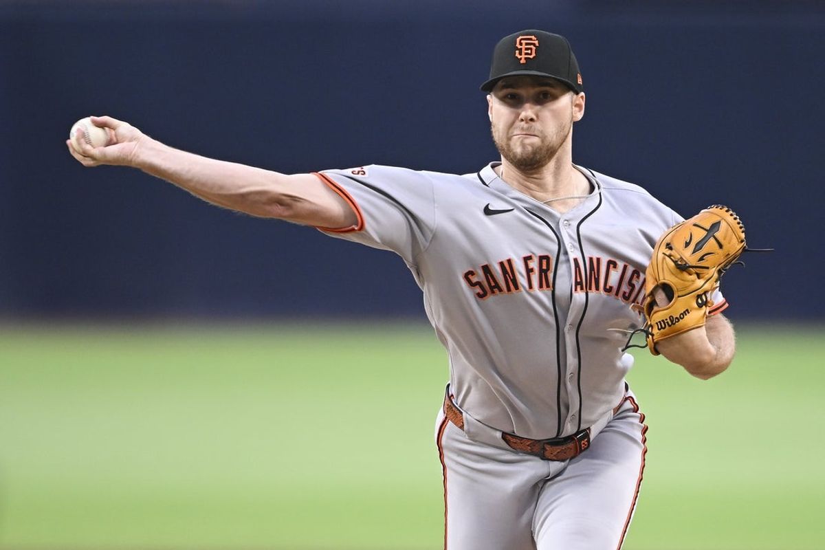 Aug 20, 2025; San Diego, California, USA; San Francisco Giants starting pitcher Landen Roupp (65) delivers during the first inning against the San Diego Padres at Petco Park. Mandatory Credit: Denis Poroy-Imagn Images