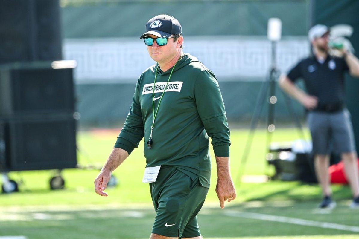 Michigan State football head coach Jonathan Smith looks on during practice on Monday, Aug. 11, 2025, in East Lansing.